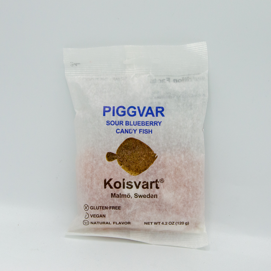 Kolsvart Piggvar, sour blueberry candy fish